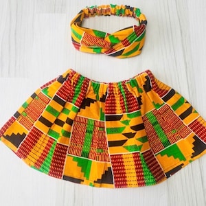 Ankara skirt, African print  girl skirt, Ankara Twist headband, African print fashion turban, green kente skirt