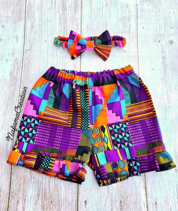 Alia Stretchy African Kente Shorts in Pink White And Teal Ankara