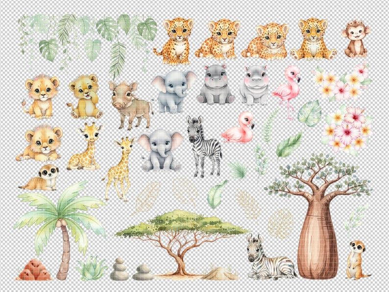 Watercolor Safari Animals Clipart, Cute Jungle Baby Animal PNG, Nursery ...
