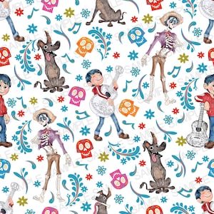 以下が含まれることがあります： アニメ映画「リメンバー・ミー」のキャラクターをフィーチャーしたカラフルなシームレスパターン。パターンには、ギターを弾くスケルトン、ギターを弾く少年、犬、花が付いたスカルが含まれています。背景は白で、青、緑、黄色の花柄のデザインです。