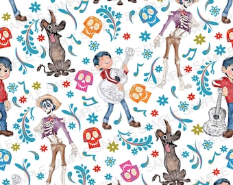 Op de afbeelding: Een kleurrijk naadloos patroon met personages uit de animatiefilm Coco. Het patroon bevat een skelet dat gitaar speelt, een jongen die gitaar speelt, een hond en een schedel met bloemen. De achtergrond is wit met blauwe, groene en gele bloemmotieven.