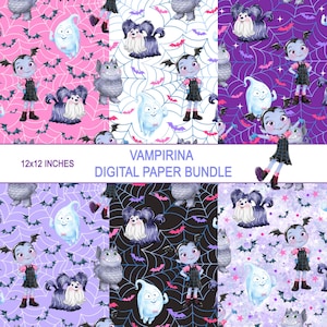 Puede incluir: Un paquete de papel digital con varios patrones de dibujos animados. Los diseños incluyen una niña vampiro, fantasmas, perros y murciélagos, sobre fondos de telarañas en rosa, morado, blanco y negro. Se muestra el texto "VAMPIRINA DIGITAL PAPER BUNDLE".