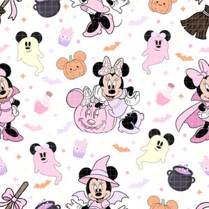 Minnie Halloween Seamless Pattern, Pastel Spooky Digital Paper, Pink Ghost Pumpkin Background, Girls Fall Fabric Design