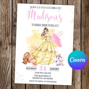Belle invitation princesse Belle invitation d'anniversaire Belle fête La Belle et la bête Invitation modifiable à l'aquarelle carte numérique