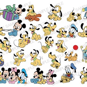 Könnte beinhalten: Eine Sammlung von Comicfiguren, darunter Mickey Mouse, Pluto und Donald Duck, in verschiedenen Posen. Die Figuren tragen alle Babykleidung und sind in einem verspielten und fantasievollen Stil dargestellt.