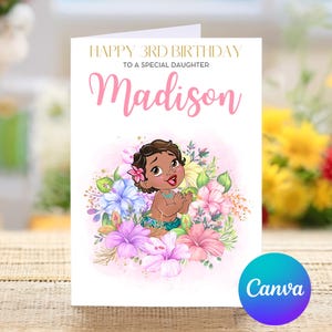 Feliz 3º aniversário para uma filha especial, Cartão personalizado de terceiro aniversário da Baby Moana, Feliz terceiro aniversário, Cartão fofo