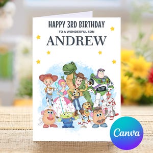 Alles Gute zum Geburtstag für einen wunderbaren Sohn, Toy Story Personalisierte Geburtstagskarte für den dritten Geburtstag, alles Gute zum Geburtstag, süße Karte