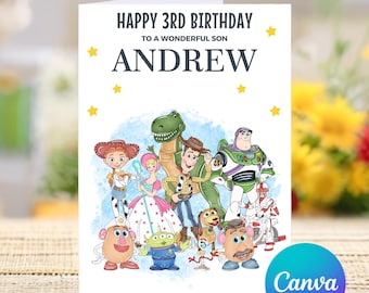 Feliz tercer cumpleaños a un hijo maravilloso, tarjeta personalizada de Toy Story para el tercer cumpleaños, feliz tercer cumpleaños, tarjeta linda