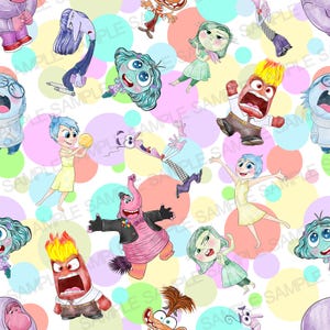 May include: A colourful seamless pattern featuring characters from the animated film Inside Out. The characters are depicted in various poses and expressions, including Joy, Sadness, Anger, Fear, and Disgust. The background is a white canvas with colourful polka dots.