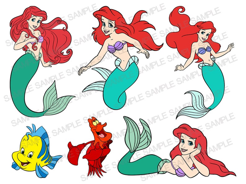 May include: A set of five cartoon illustrations featuring Ariel, the Little Mermaid. The illustrations include Ariel as a mermaid, Ariel with her red hair flowing, Ariel with a crab, and Ariel with a yellow fish.