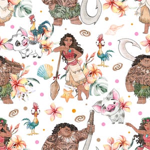 May include: A seamless pattern featuring cartoon characters including a young person with long dark hair, a large tattooed figure, a small pig, and a rooster. The design includes tropical flowers, seashells, starfish, and fishhooks on a white background.