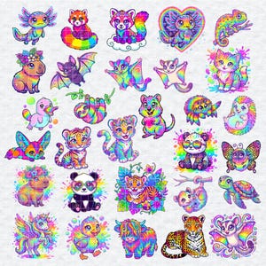 Könnte beinhalten: Eine Sammlung bunter, regenbogenfarbener Tieraufkleber mit verschiedenen Kreaturen, darunter ein Axolotl, ein roter Panda, ein Chamäleon, ein Kätzchen, ein Faultier, ein Tiger, ein Panda, ein Schmetterling, ein Einhorn, ein Entenküken, ein Hochlandrind und ein Leopard.