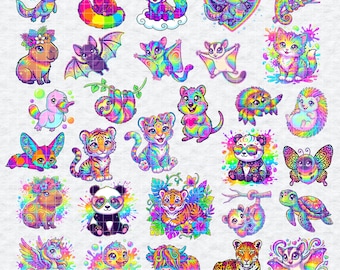 Neon Rainbow Animal Clipart, Kawaii Tie Dye PNG Bundle, 90s Retro Sublimation Design, Axolotl Capybara Highland Cow Sticker Art