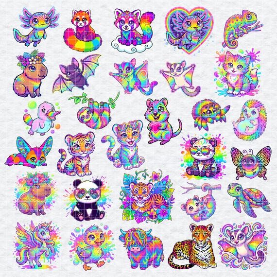 Neon Rainbow Animal Clipart, Kawaii Tie Dye PNG Bundle, 90s Retro Sublimation Design, Axolotl Capybara Highland Cow Sticker Art