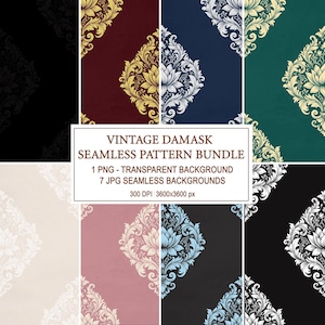 Peut inclure: Une collection numérique de huit motifs damassés sans couture dans diverses couleurs dont noir, bordeaux, marine, vert, crème, rose et bleu. Le texte central indique : VINTAGE DAMASK SEAMLESS PATTERN BUNDLE, 1 PNG - TRANSPARENT BACKGROUND, 7 JPG SEAMLESS BACKGROUNDS, 300 DPI | 3600x3600 px.