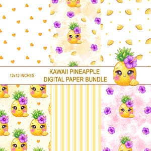 May include: A digital paper bundle featuring various patterns with a kawaii pineapple theme. The patterns include hearts, pineapple slices, and a repeating pineapple character with a flower. The text "12x12 INCHES" and "KAWAII PINEAPPLE DIGITAL PAPER BUNDLE" are also visible.
