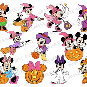 May include: A set of ten Halloween-themed digital clip art images featuring Mickey Mouse and Minnie Mouse dressed in various costumes. The characters are depicted in a variety of poses, including holding pumpkins, brooms, and candy bags.