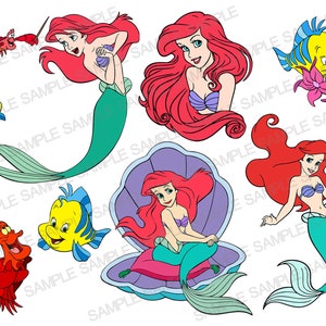 Può includere: Un set di nove illustrazioni di cartoni animati con Ariel, la Sirenetta, in varie pose. Le illustrazioni includono Ariel che nuota, seduta su una conchiglia e con un granchio e un pesce. Le illustrazioni sono in uno stile di cartoni animati colorato.