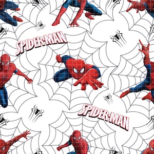 May include: A repeating pattern featuring the superhero Spider-Man in various action poses. The design includes the Spider-Man logo and spiderweb graphics on a white background. The character is depicted in his classic red and blue suit.