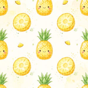 Op de afbeelding: Een herhalend patroon van lachende gele ananassen met groene toppen en plakjes op een witte achtergrond. De ananassen hebben roze wangen en zijn omgeven door gele aquarelspatten. Het ontwerp is vrolijk en grillig.