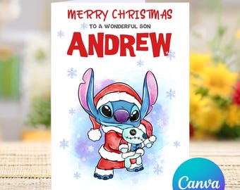 Merry Christmas to a Wonderful Son, Stitch Personalized Merry Christmas Card, Stitch Christmas, Cute Card