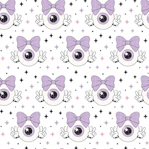 May include: A repeating pattern on a white background featuring cartoon eyeballs with purple irises. Each eyeball wears a light purple bow on top and has two hands making peace signs. Small black and pink four-pointed stars are scattered throughout.