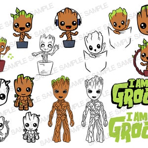 以下が含まれることがあります： 様々なポーズとスタイルで描かれた、キャラクターGrootのイラストのコレクション。一部はカラーで、その他は線画です。「I AM GROOT」というフレーズが、Grootの画像とともに緑色で表示されています。
