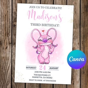 Invitation Stitch Anniversaire Lilo et Stitch Party Ange Carte d'invitation modifiable aquarelle Stitch