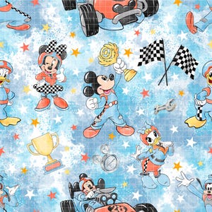 May include: A repeating pattern featuring Disney characters in racing attire. Mickey Mouse holds a trophy, while Minnie Mouse and Daisy Duck are also depicted. The background is a light blue with stars and checkered flags.