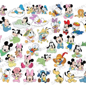 May include: A collection of colorful cartoon characters, including Mickey Mouse, Minnie Mouse, Donald Duck, and Goofy, in various poses and outfits. The characters are all wearing baby clothes and are holding various objects, such as toys, books, and food. The characters are set against a white background.