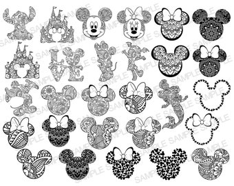 May include: A set of 28 black and white digital clipart images featuring Mickey Mouse, Minnie Mouse, and other Disney characters. The images are in a mandala style with intricate designs.
