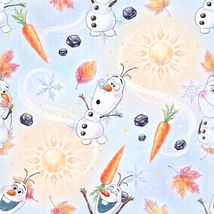 May include: A repeating pattern featuring the character Olaf from Frozen, orange carrots, yellow suns, blue snowflakes, dark gray stones, and multicolored autumn leaves on a light blue grid background. The design includes various poses of the snowman.