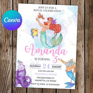 Convite Pequena Sereia Aniversário Pequena Sereia Festa Pequena Sereia Convite Ariel Aniversário Ariel Convite Editável Aquarela