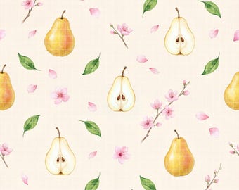 Yellow Pear Seamless Pattern, Cherry Blossom Digital Paper, Watercolor Fruit Background, Spring Botanical Fabric Design