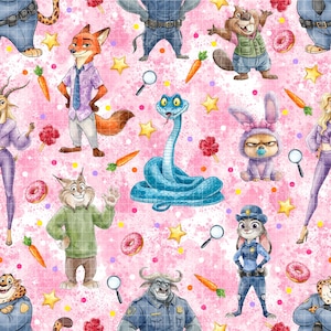 Puede incluir: Una tela estampada rosa con personajes de dibujos animados de la película Zootrópolis. El diseño incluye personajes como Nick Wilde, Judy Hopps y otros, junto con rosquillas, zanahorias y estrellas. El fondo tiene un efecto de pintura salpicada.
