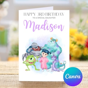Joyeux 3e anniversaire à une fille spéciale, carte de troisième anniversaire personnalisée Monsters Inc, joyeux troisième anniversaire, jolie carte
