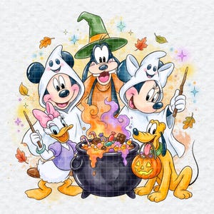 Imágenes prediseñadas de Mickey fantasma, caldero mágico en acuarela PNG, poción espeluznante de otoño para sublimación, arte de amigos con dulces de Halloween