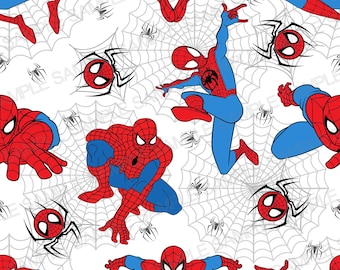 Cartoon Spiderman Seamless Pattern, Classic Superhero Digital Paper, White Spider Web Background, Boys Fabric Design