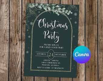 Può includere: Un invito a una festa di Natale verde scuro con dettagli dorati e scritte bianche. L'invito include il testo "Christmas Party" e i dettagli dell'evento. Un logo Canva si trova nell'angolo in basso a destra.