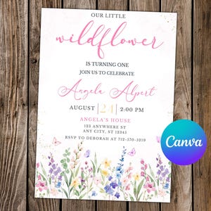 Convite de flores silvestres Convite de primeiro aniversário de flores silvestres Festa de jardim Aniversariante Convite editável Cartão digital de flores silvestres