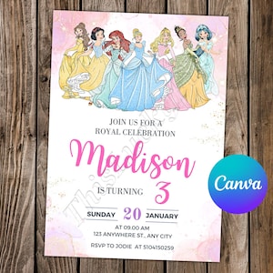 Princess Invitation Princess Birthday Princess Party Princess Editable Invitation Princess Watercolor Digital Card