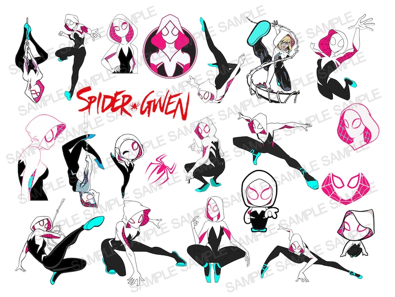 May include: A collection of 16 digital illustrations featuring Spider-Gwen in various poses. The illustrations are in black, white, and pink. The text "Spider-Gwen" is written in a stylized font.