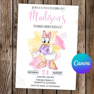 Convite Daisy Duck Convite de aniversário Daisy Duck Festa Daisy Duck Convite editável em aquarela Daisy Duck