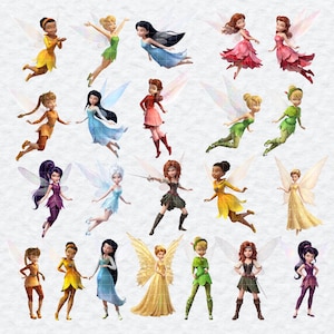 Tinkerbell Clipart, Feen Freunde PNG Bundle, Silbernebel Rosetta Iridessa Sublimation, Pixie Hohl Magische Mädchen Kunst