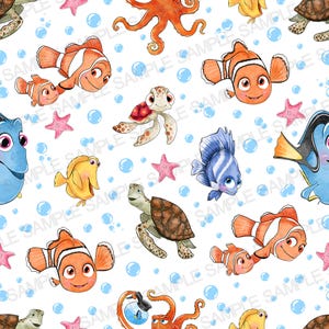 May include: A white background with a repeating pattern of cartoon sea creatures, including clownfish, turtles, starfish, and an octopus. Blue bubbles are scattered throughout the design. The characters are in bright colors.