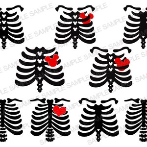 May include: A set of eight black and white ribcage illustrations with red hearts and Mickey Mouse ears. The hearts are in different positions on the ribcages.
