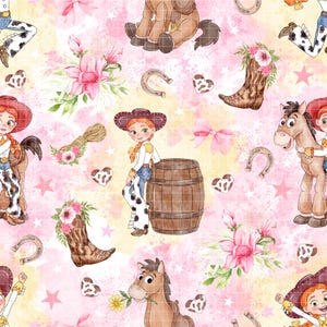 May include: A seamless pattern featuring cartoon cowgirls, brown horses, wooden barrels, cowboy boots with pink flowers, horseshoes, pink bows, and cow-print hearts on a soft pink and yellow watercolour background with scattered white stars.