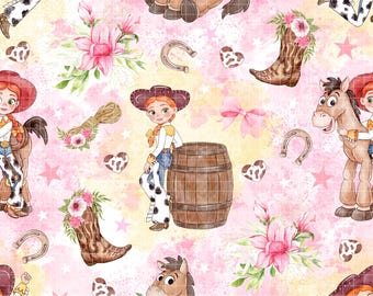 Toy Story Jessie Seamless Pattern, Pink Cowgirl Digital Paper, Watercolor Bullseye Floral Boot Background, Girls Fabric Design