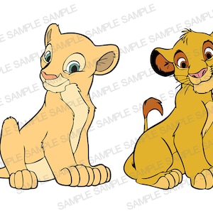 Puede incluir: Dos cachorros de león de dibujos animados, uno de color canela claro y otro amarillo dorado, sentados uno al lado del otro. El cachorro de color canela claro tiene ojos azules y una ligera sonrisa. El cachorro amarillo dorado tiene una nariz rosada y una expresión curiosa. Ambos tienen colas marrones y contornos negros.