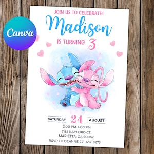 Carte numérique d'invitation d'anniversaire de Lilo et de Stitch de point de point d'invitation modifiable d'aquarelle d'aquarelle
